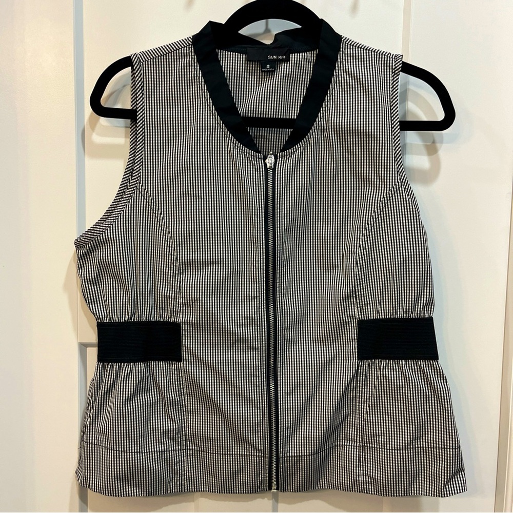 Sun Kim‎ Black And White Checked Gingham Vest Side Elastics Women’s Size Small